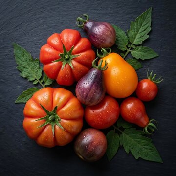 Assorted heirloom tomatoes and eggplants on slate.