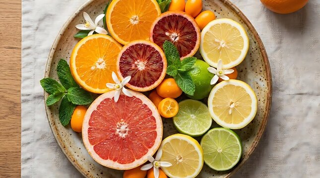 Assorted sliced citrus fruits on ceramic platter.
