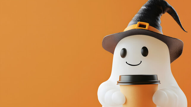 Adorable ghost dressed in a witch hat holding a takeaway coffee cup on a bright orange background, cozy Halloween caf&eacute; and autumn beverage concept