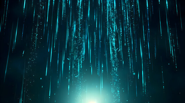 Abstract futuristic cyan blue digital rain background with glowing neon light streaks streaming data particles and matrix code effect
