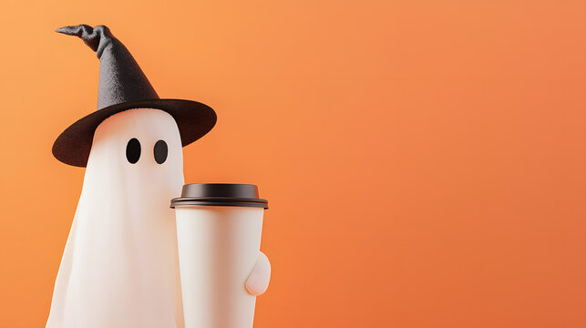 A cute ghost in a witch hat holding a cup of coffee on an orange background