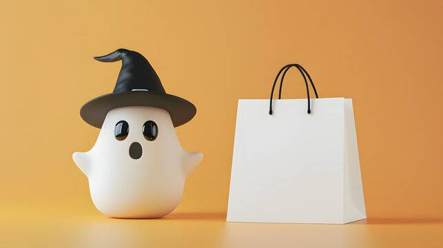 A white shopping bag mockup placed next to a charming ghost in a witch hat on an orange studio background represents a Halloween retail and packaging design concept