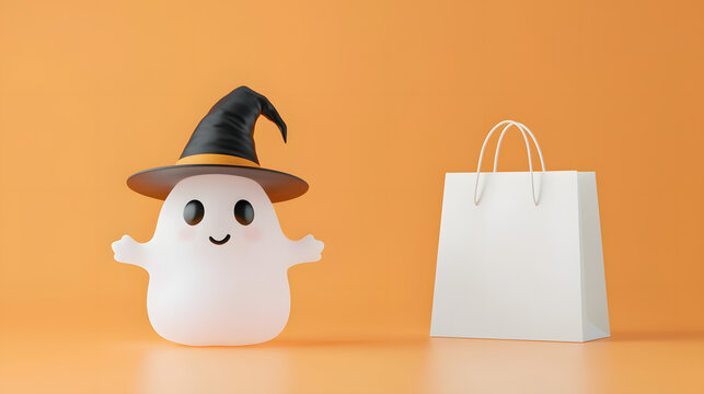 Blank white shopping bag mockup positioned beside a cute ghost wearing a witch hat on an orange studio backdrop, Halloween retail branding and packaging presentation concept