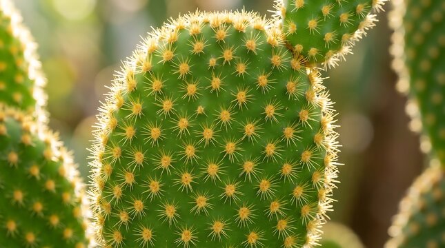 Macro shot of a green bunny ears cactus with yellow thorns