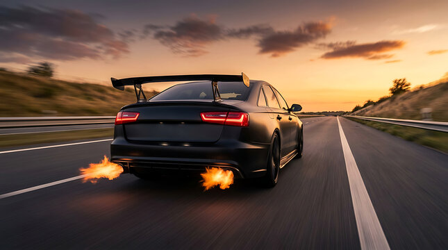 Sport sedan car racing on highway at sunset with fire flames from exhaust pipes motion blur