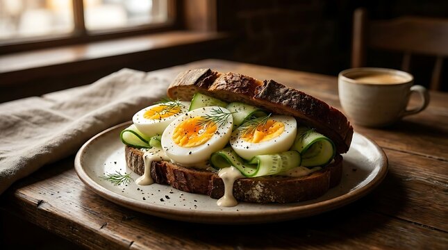 Avocado and boiled egg toast on rustic plate.