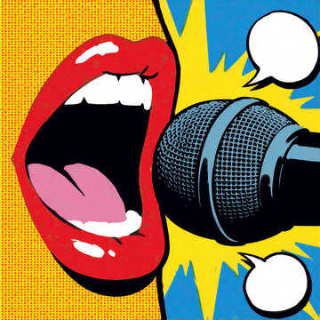 karaoke action comic book illustration of a mouth with microphone