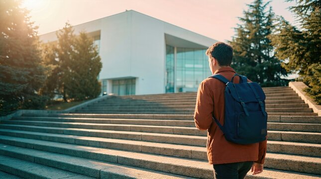 Male student with backpack walking up stone steps towards modern university building surrounded by trees under warm sunlight in an academic campus setting