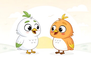Naklejka premium Two cartoon chicks smiling and standing next to each other