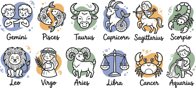Cute Cartoon Zodiac Sign Vector Set Featuring Twelve Smiling Horoscope Characters and Doodle Text Symbols for Kids Astrological Graphic Designs