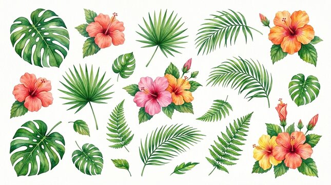 Watercolor Tropical Leaves and Hibiscus Flowers Collection, Vibrant Floral Elements for Summer Designs, Botanical Illustration Set isolated on White Background