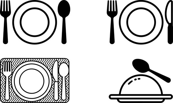 Dining Table Setting Vector Icon Collection Featuring Plate Cutlery and Food Serving Symbols