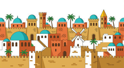 Ancient Middle Eastern Desert City Landscape Vector Background Featuring Traditional Mud Brick Houses Mosque Domes Palm Trees and Fortified Stone Walls © prosanjit