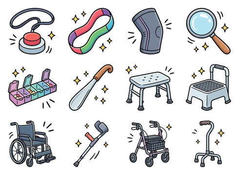 Medical supplies with a pill organizer shoehorn knee brace and walker while showing a wheelchair and crutches