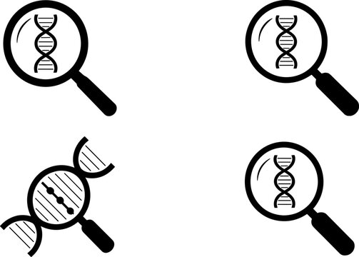 DNA Analysis and Genetic Research Vector Icon Collection with Magnifying Glass Biology Symbols