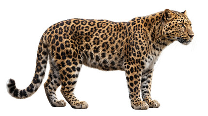 Fototapeta premium Amur leopard standing in full body side profile, thick winter fur with large rosette markings, muscular build, alert expression