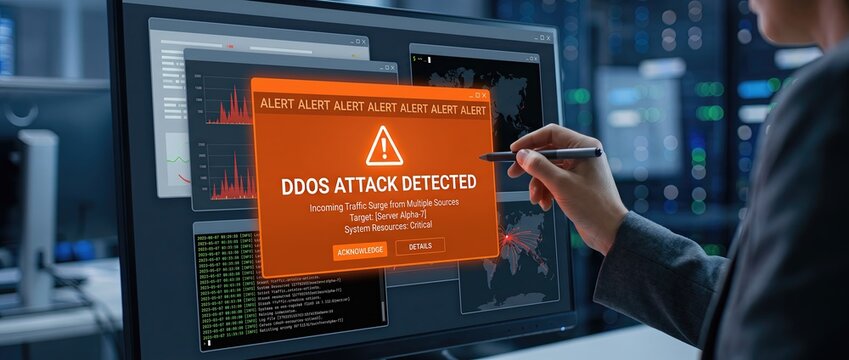 Cybersecurity expert analyzing network threats receiving alert notifications on computer display while managing a ddos attack incident response effectively