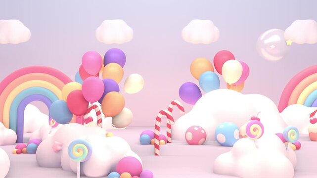 Rainbow candy land with cupcakes, candy canes, lollipops, and balloons animation. (loop)