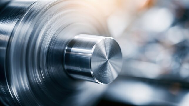 Close-up view of precision metal machining on a lathe with blurred motion and industrial lighting