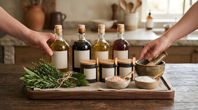 Hands Preparing Gourmet Cooking Ingredients on a Wooden Tray.