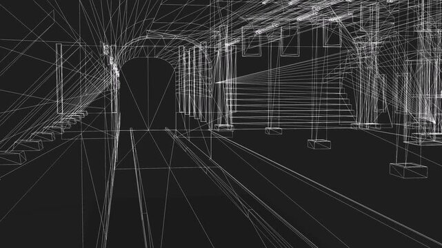 Architectural wireframe blueprint animation of building interior