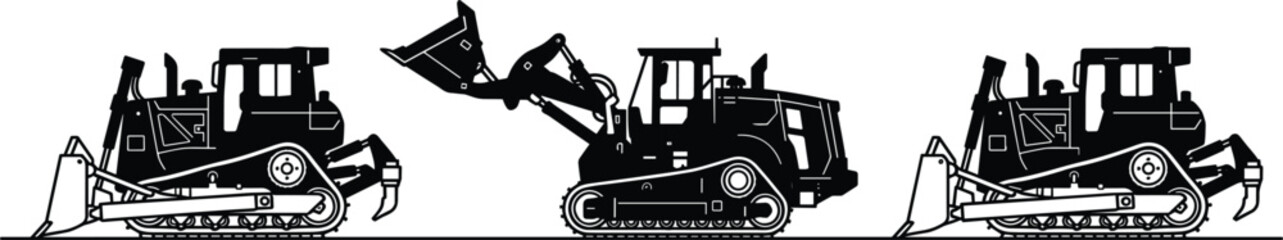 Construction heavy machinery bulldozer and track loader black silhouette vector set for industrial building site illustration © MDRIFAT