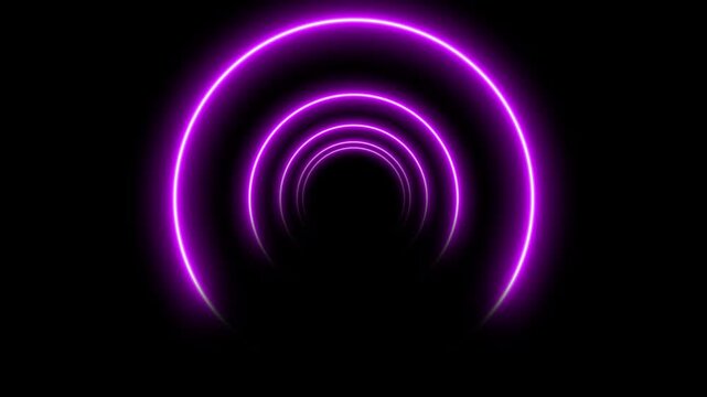 A dark tunnel effect created by multiple concentric glowing purple neon rings that diminish in size as they recede into the black background, suggesting a digital pathway. Keywords: purple, neon