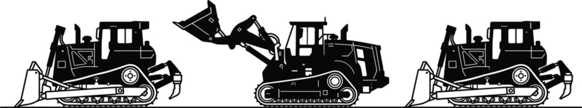 Construction heavy machinery bulldozer and track loader black silhouette vector set for industrial building site illustration