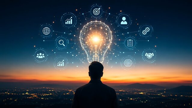 Silhouette of a visionary businessman facing a glowing lightbulb with digital business icons over a modern city skyline at sunset representing innovation and strategic network