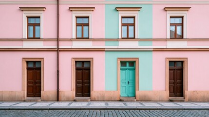Obraz premium Pastel Pink and Turquoise Building Facade with Symmetrical Doors and Windows Under Clear Sky