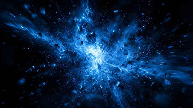 Abstract blue cosmic explosion with floating debris particles in deep space.