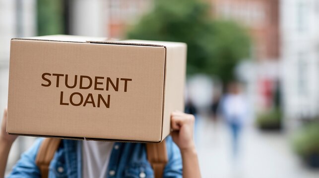 Person with 'Student Loan' written on cardboard box covering head, representing financial burden or debt