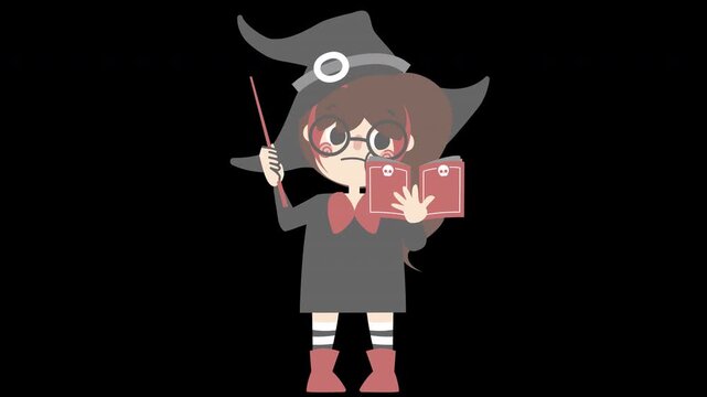 	
animated loop video happy halloween holiday festival with girl wearing witch costume casting magic spell book, overlay transparent prores 4444 4K