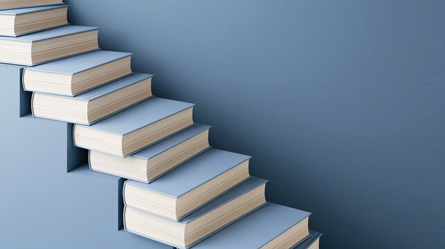 Conceptual staircase made of books symbolizing knowledge, education, learning, and growth against a plain blue background.