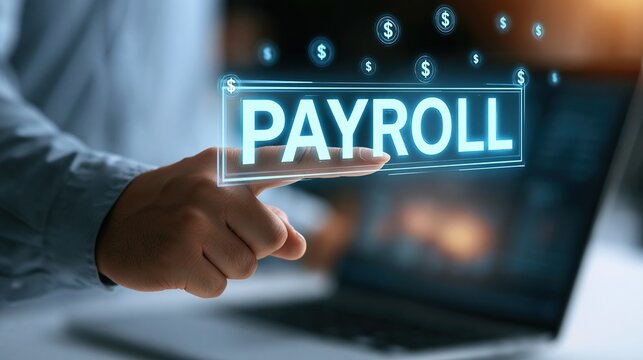 Hand touching digital screen displaying the word PAYROLL with glowing dollar signs, representing financial management and online payment processing
