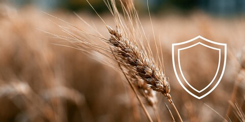 Obraz premium Close-up of golden wheat stalks in a field with white shield icon symbolizing protection and agriculture safety