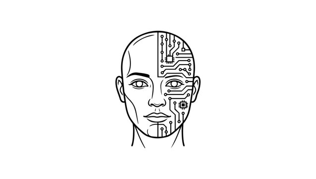 Digital human face with AI circuit network, black and white vector illustration, isolated on white background, Face id logo Photos, Human head outline integrated with digital circuits and binary code 
