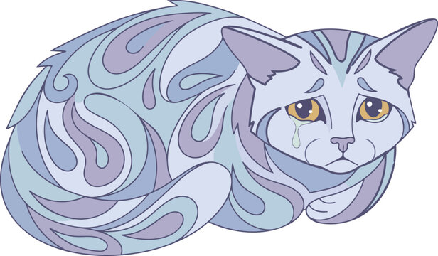 Sad crying stylized cat vector illustration in cool colors