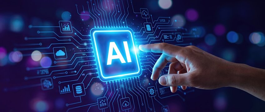 A hand engaging with a luminous ai symbol encircled by intricate digital circuit designs symbolizing cutting edge technology and artificial intelligence in a contemporary environment.