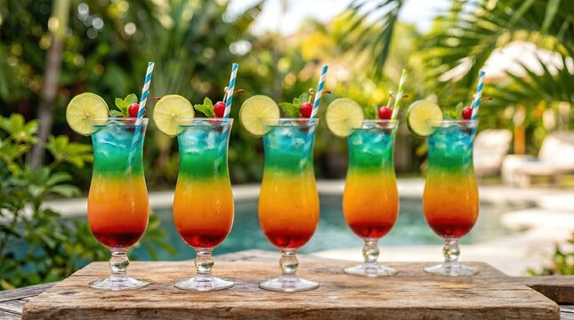 Colorful tropical drinks with layers of red, orange, yellow, and green garnished with lime slices and cherries, displayed on a wooden table near a swimming pool surrounded by lush greenery