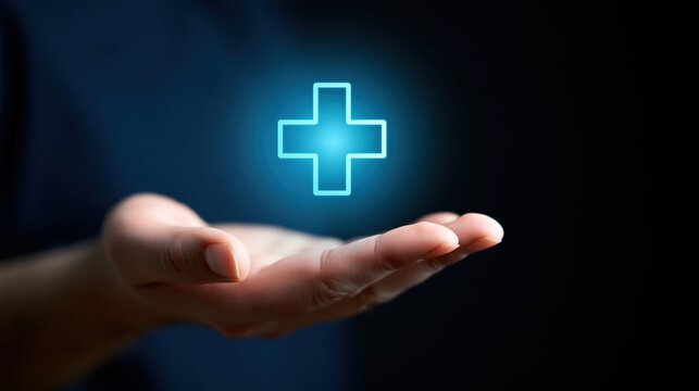 Close-up of a hand holding a glowing blue medical cross symbol against a dark background