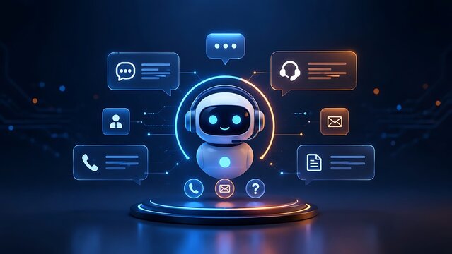 Virtual assistant robot with headset on podium surrounded by digital communication icons for AI customer support and automated helpdesk concept.