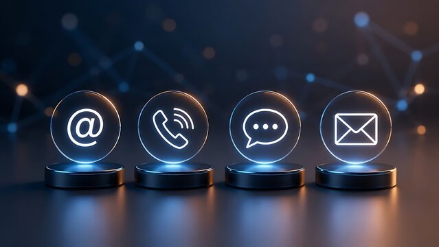 3D glowing neon contact us icons on podiums featuring email phone and chat symbols for customer service and communication network concepts