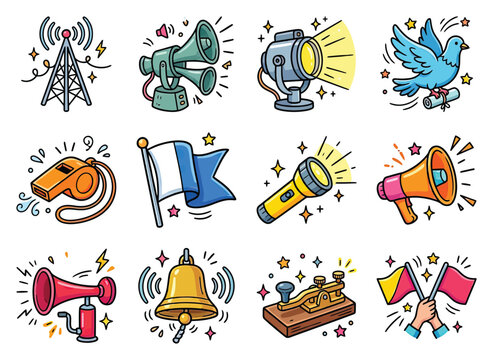 Communication and announcement icons include a tower whistle flashlight bell and flags for signaling.