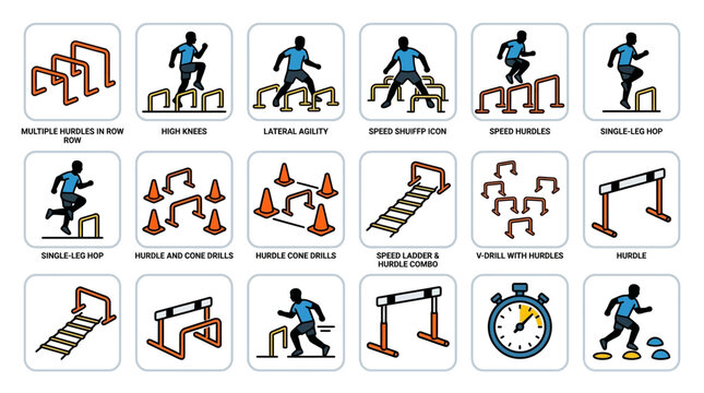 Soccer athlete training drill and agility icon set.