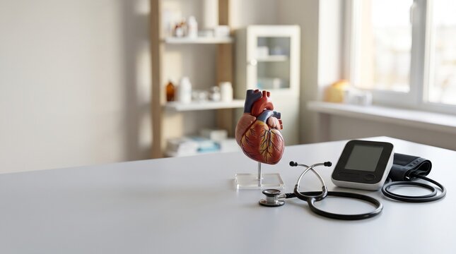 Medical stethoscope and anatomical heart model on clinic desk.