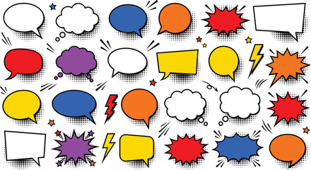 Colorful Comic Book Speech Bubbles With Halftone Shadow Vector Elements © ARIFUL