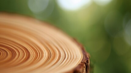 Obraz premium Close-up view of a tree ring cross-section showcasing natural wood grain patterns with a soft green bokeh background