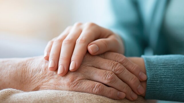 Close-up of two hands, one younger and one older, gently holding each other to show support and empathy