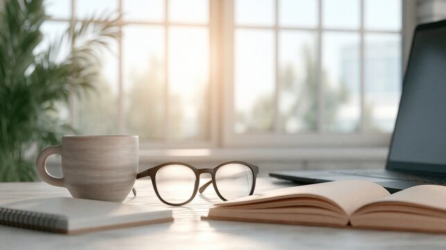 Cozy home office scene with a laptop, open book, reading glasses, and coffee cup bathed in warm sunlight.